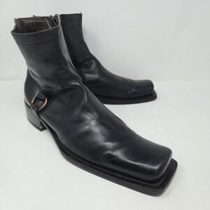 Kenneth Cole NY Made in Italy Black Leather Harness Boots Square Toe Men's 13